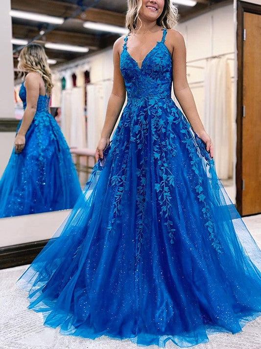 A-Line/Princess Tulle Applique V-neck Sleeveless Sweep/Brush Train Prom Dress