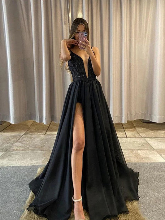 A-Line/Princess Sequins Ruffles V-neck Sleeveless Sweep/Brush Train Prom Dress