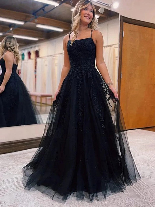 A-Line/Princess Tulle Applique Spaghetti Straps Sleeveless Sweep/Brush Train Prom Dress