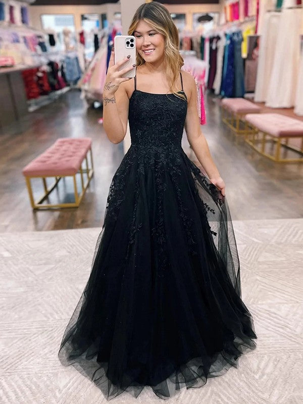 A-Line/Princess Tulle Applique Spaghetti Straps Sleeveless Sweep/Brush Train Prom Dress
