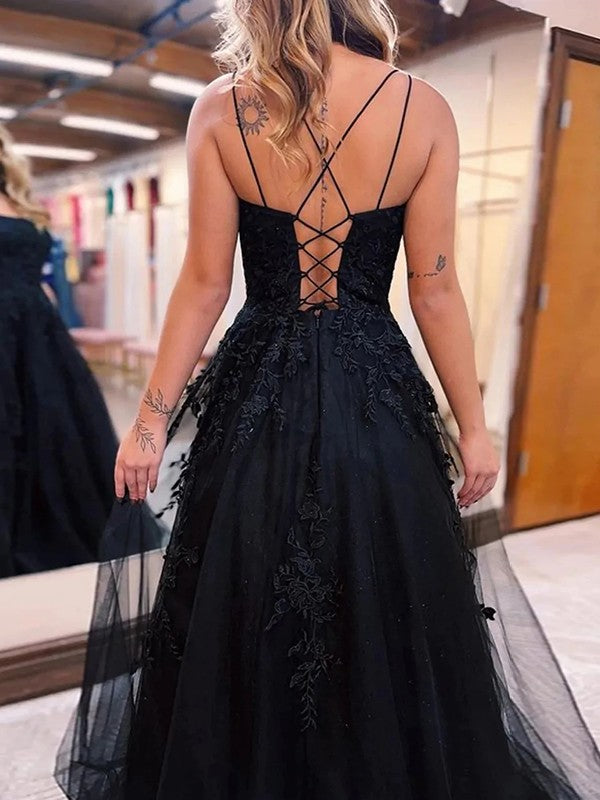 A-Line/Princess Tulle Applique Spaghetti Straps Sleeveless Sweep/Brush Train Prom Dress
