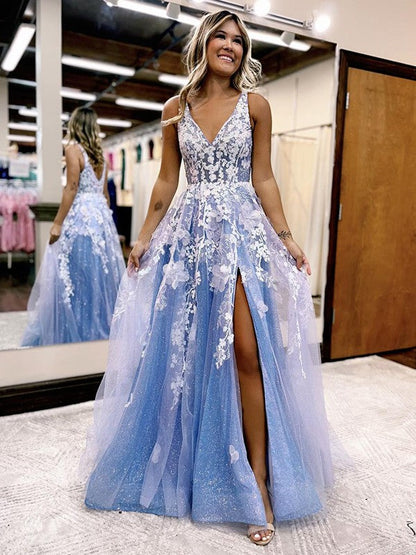 A-Line/Princess Tulle Applique V-neck Sleeveless Sweep/Brush Train Prom Dress