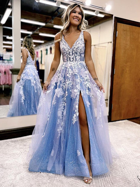 A-Line/Princess Tulle Applique V-neck Sleeveless Sweep/Brush Train Prom Dress