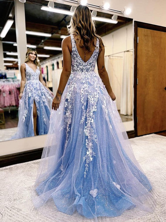 A-Line/Princess Tulle Applique V-neck Sleeveless Sweep/Brush Train Prom Dress