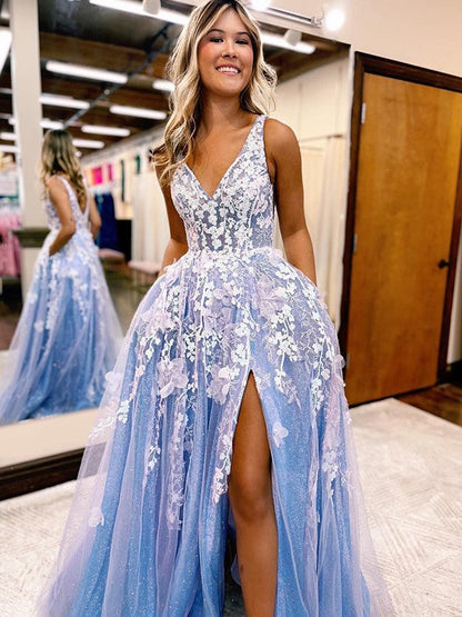 A-Line/Princess Tulle Applique V-neck Sleeveless Sweep/Brush Train Prom Dress