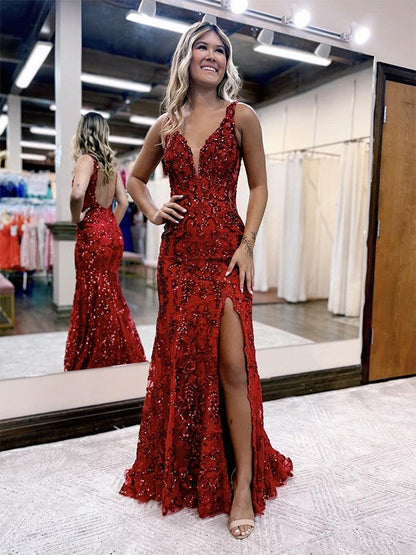 Sheath/Column V-neck Sleeveless Sweep/Brush Train Prom Dress