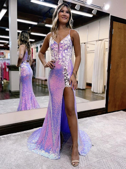 Sheath/Column Sequins Applique V-neck Sleeveless Sweep/Brush Train Prom Dress