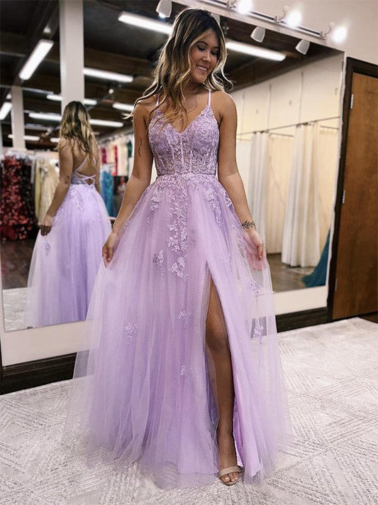 A-Line/Princess Tulle Applique V-neck Sleeveless Floor-Length Corset Prom Dress