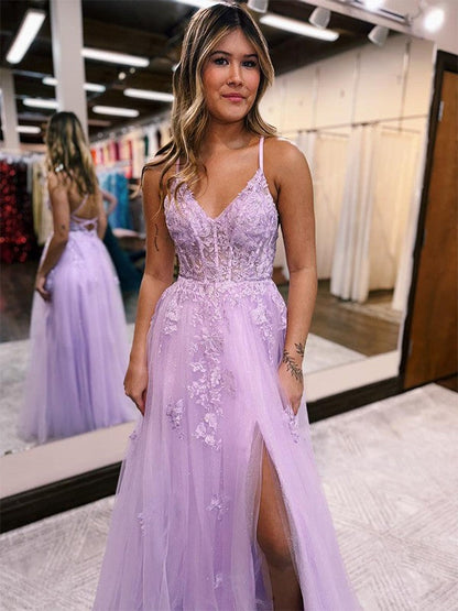 A-Line/Princess Tulle Applique V-neck Sleeveless Floor-Length Corset Prom Dress