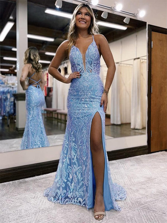 Sheath/Column V-neck Sleeveless Sweep/Brush Train Prom Dress