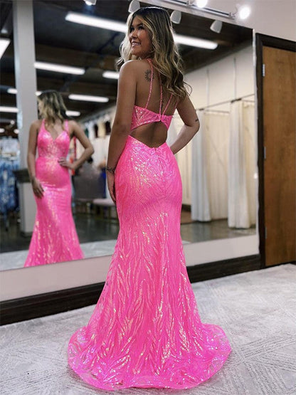 Sheath/Column V-neck Sleeveless Sweep/Brush Train Prom Dress