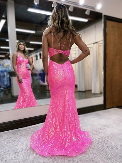 Sheath/Column V-neck Sleeveless Sweep/Brush Train Prom Dress