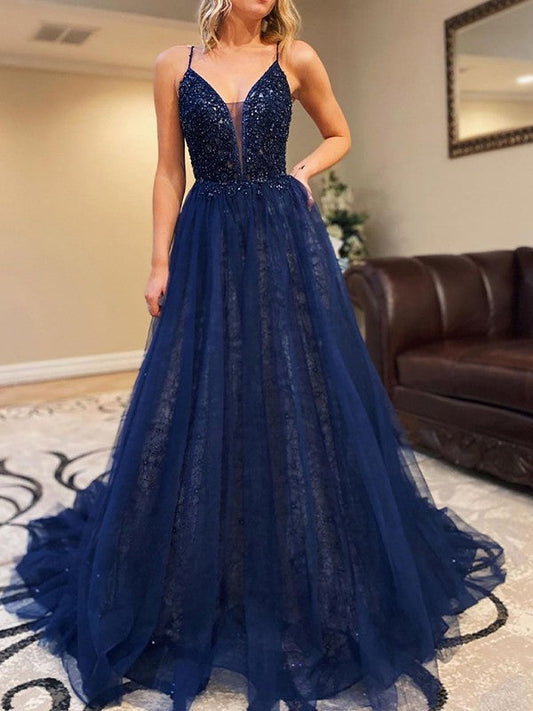 A-Line/Princess Tulle Beading V-neck Sleeveless Court Train Prom Dress