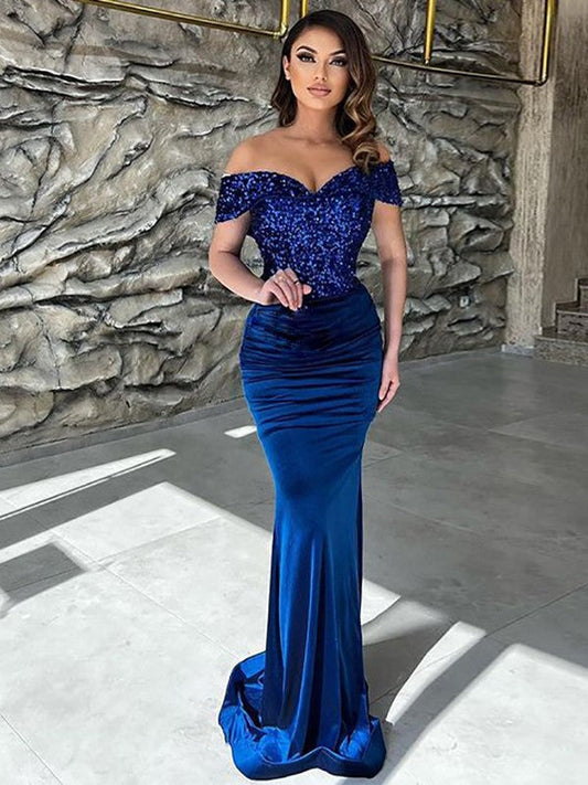 Sheath/Column Jersey Sequin Off-the-Shoulder Sleeveless Sweep/Brush Train Prom Dress