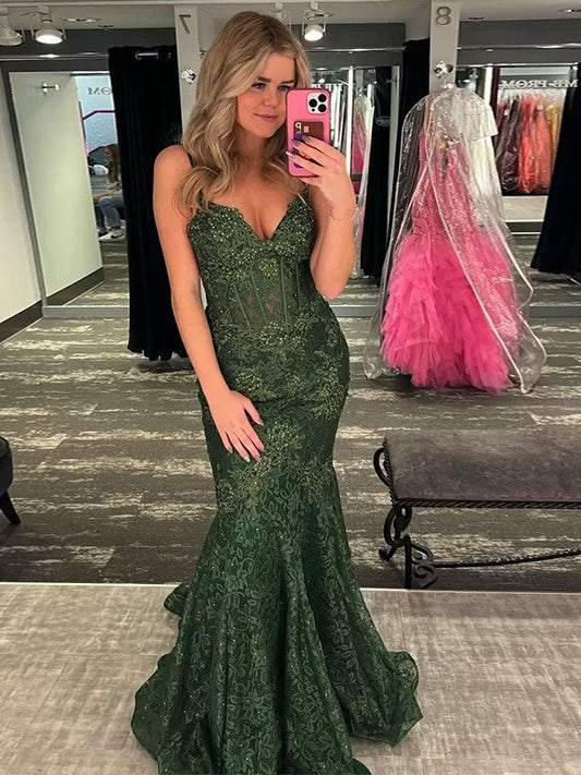 Trumpet/Mermaid Lace Applique V-neck Sleeveless Sweep/Brush Train Prom Dress