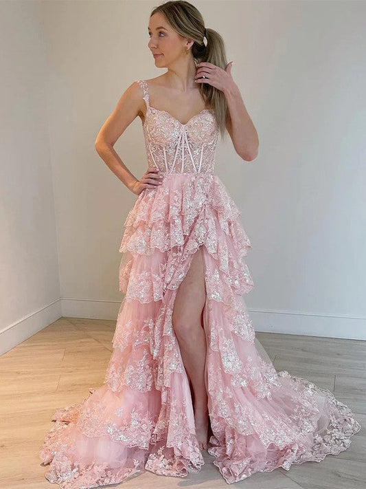 A-Line/Princess Tulle Lace Straps Sleeveless Court Train Corset Prom Dress