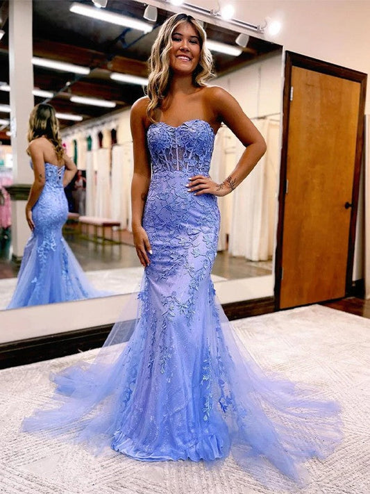Sheath/Column Tulle Applique Sweetheart Sleeveless Court Train Prom Dress