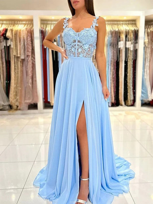 A-Line/Princess Chiffon Applique Straps Sleeveless Sweep/Brush Train Prom Dress