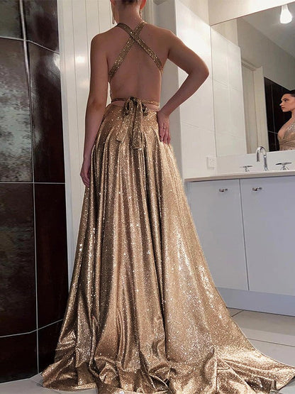 A-Line/Princess Ruffles V-neck Sleeveless Sweep/Brush Train Prom Dress