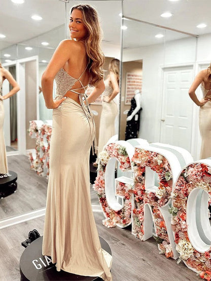 Sheath/Column Jersey Applique V-neck Sleeveless Sweep/Brush Train Prom Dress