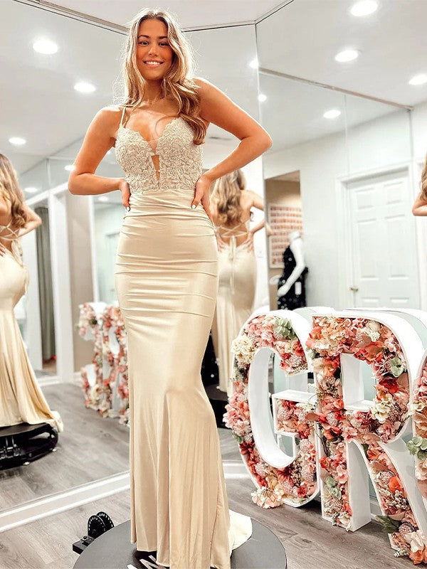 Sheath/Column Jersey Applique V-neck Sleeveless Sweep/Brush Train Prom Dress