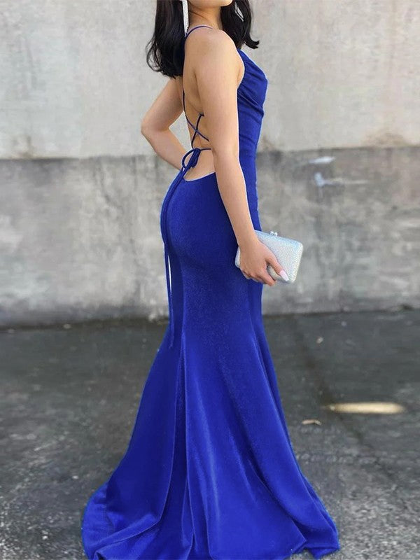 Sheath/Column Jersey Ruched Spaghetti Straps Sleeveless Sweep/Brush Train Prom Dress