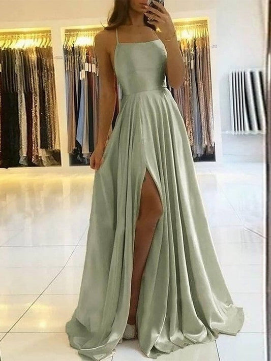 A-Line/Princess Silk like Satin Ruffles Spaghetti Straps Sleeveless Sweep/Brush Train Prom Dress
