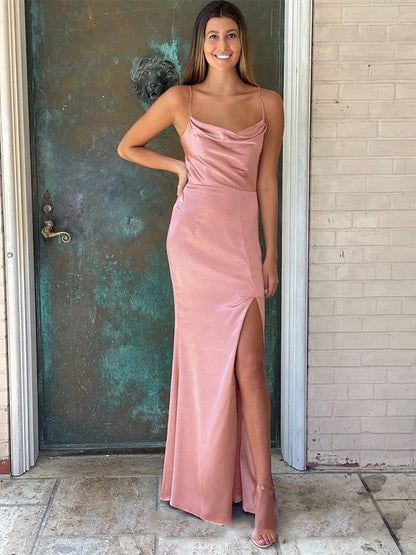 Sheath/Column Charmeuse Ruched Spaghetti Straps Sleeveless Floor-Length Prom Dress