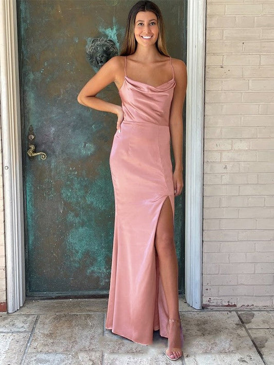 Sheath/Column Charmeuse Ruched Spaghetti Straps Sleeveless Floor-Length Prom Dress