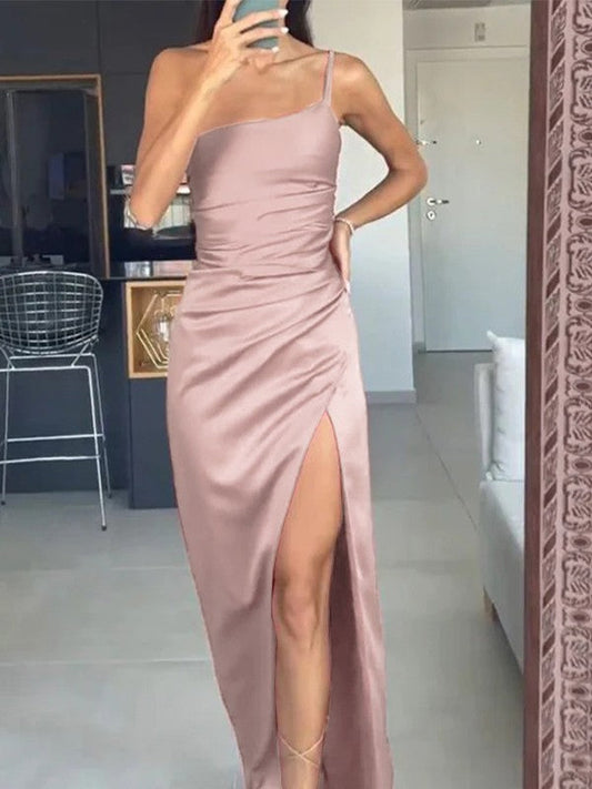 Sheath/Column Silk like Satin Ruched One-Shoulder Sleeveless Floor-Length Prom Dress