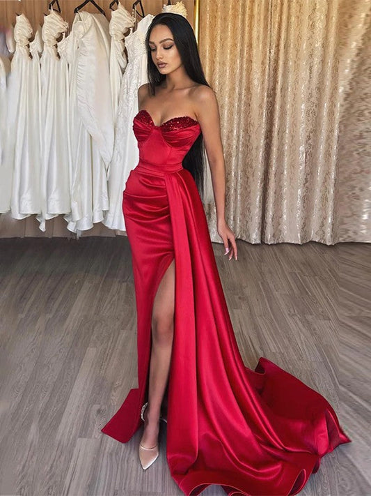 Sheath/Column Elastic Woven Satin Ruched Sweetheart Sleeveless Sweep/Brush Train Prom Dress