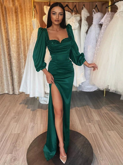 Sheath/Column Elastic Woven Satin Ruched Square Long Sleeves Floor-Length Prom Dress