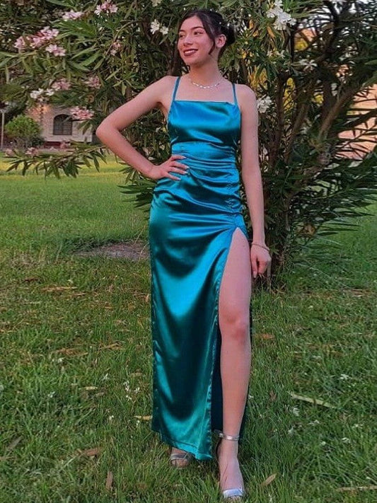 Sheath/Column Silk like Satin Ruched Spaghetti Straps Sleeveless Floor-Length Prom Dress