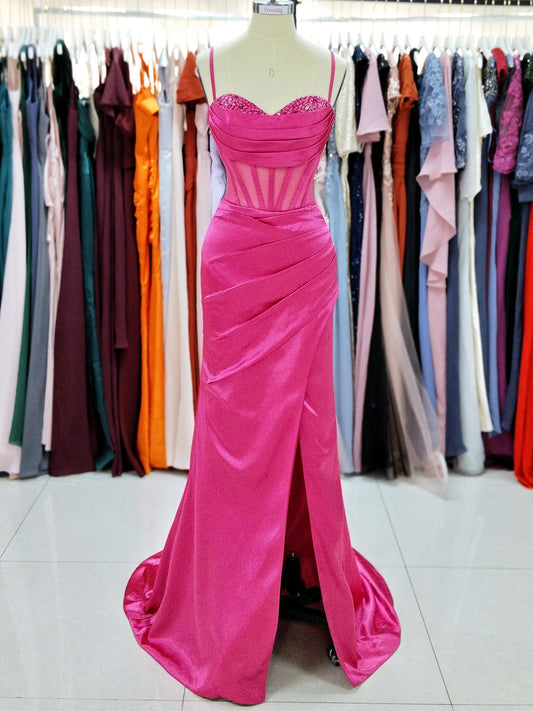 Sheath/Column Elastic Woven Satin Ruched Spaghetti Straps Sleeveless Sweep/Brush Train Prom Dress