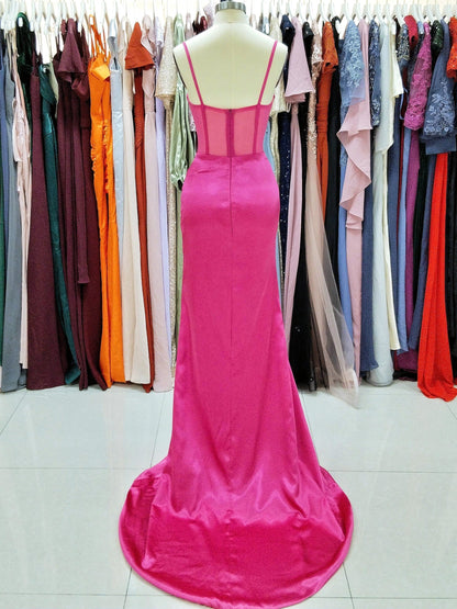 Sheath/Column Elastic Woven Satin Ruched Spaghetti Straps Sleeveless Sweep/Brush Train Prom Dress