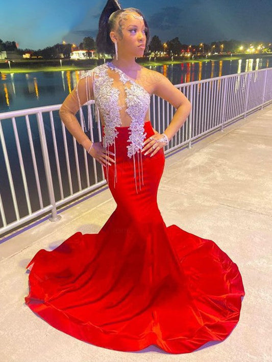 Trumpet/Mermaid Charmeuse Applique One-Shoulder Long Sleeves Sweep/Brush Train Prom Dress
