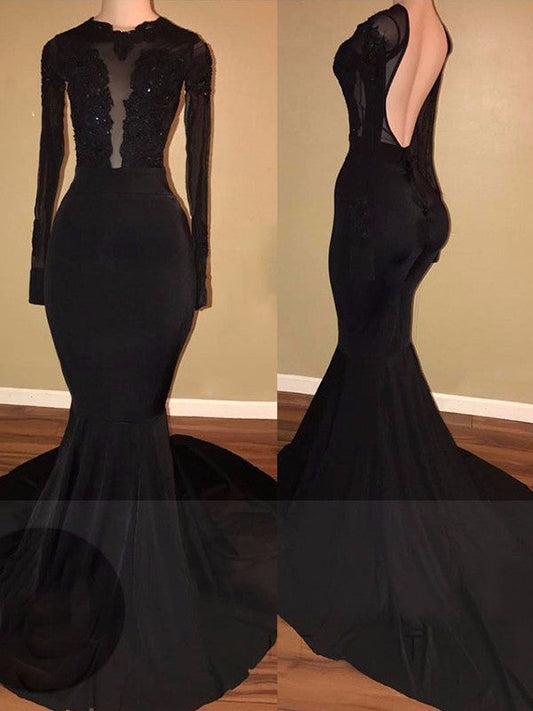 Trumpet/Mermaid Elastic Woven Satin Lace Scoop Long Sleeves Chapel Train Prom Dress