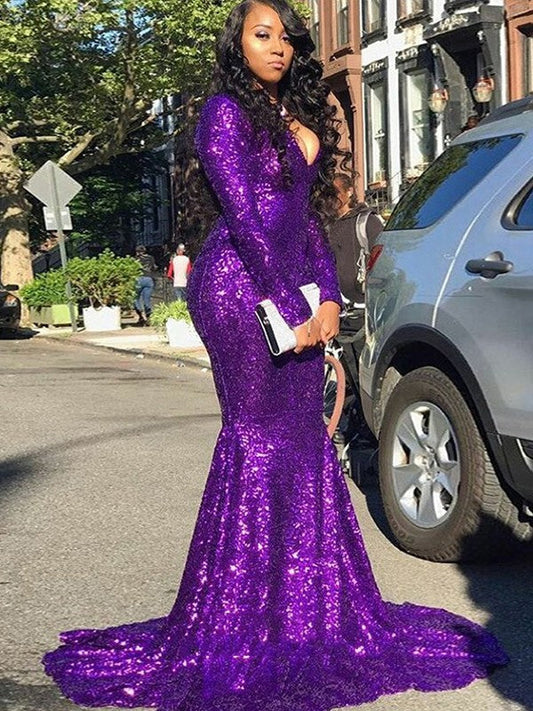 Sheath/Column Sequins V-neck Long Sleeves Sweep/Brush Train Prom Dress