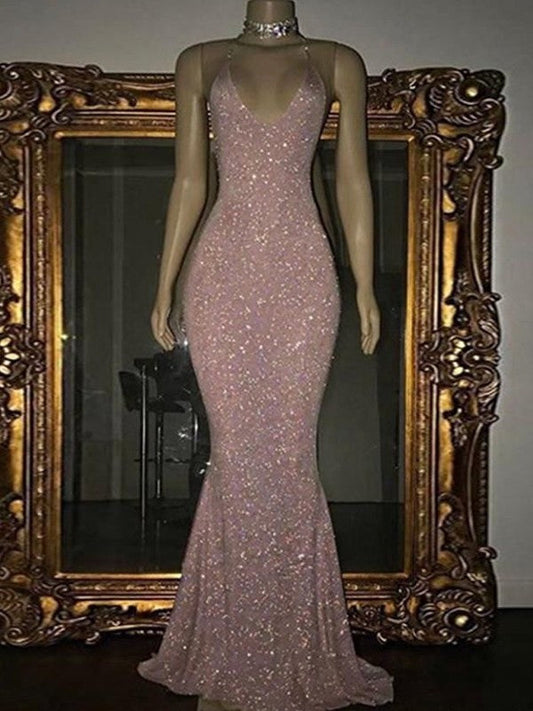 Sheath/Column V-neck Sleeveless Sweep/Brush Train Prom Dress