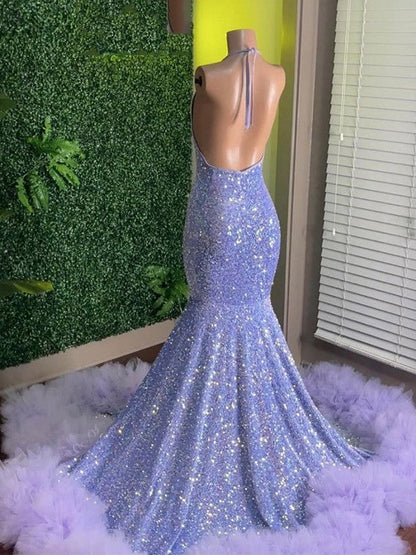 Trumpet/Mermaid Velvet Sequins Ruffles Halter Sleeveless Sweep/Brush Train Prom Dress