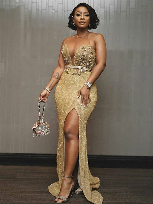 Sheath/Column Beading Halter Sleeveless Sweep/Brush Train Prom Dress