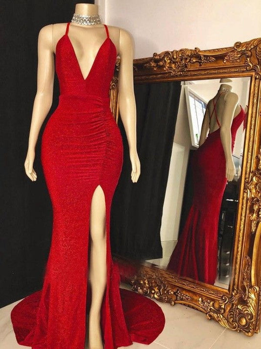 Sheath/Column Ruched V-neck Sleeveless Sweep/Brush Train Prom Dress