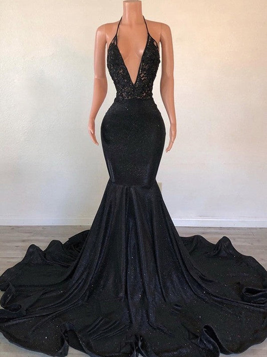 Trumpet/Mermaid Applique V-neck Sleeveless Sweep/Brush Train Prom Dress