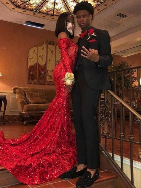 Trumpet/Mermaid Lace Sequin Off-the-Shoulder Long Sleeves Court Train Prom Dress