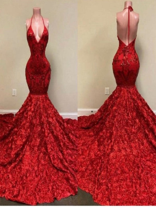 Trumpet/Mermaid Lace Ruffles V-neck Sleeveless Sweep/Brush Train Prom Dress