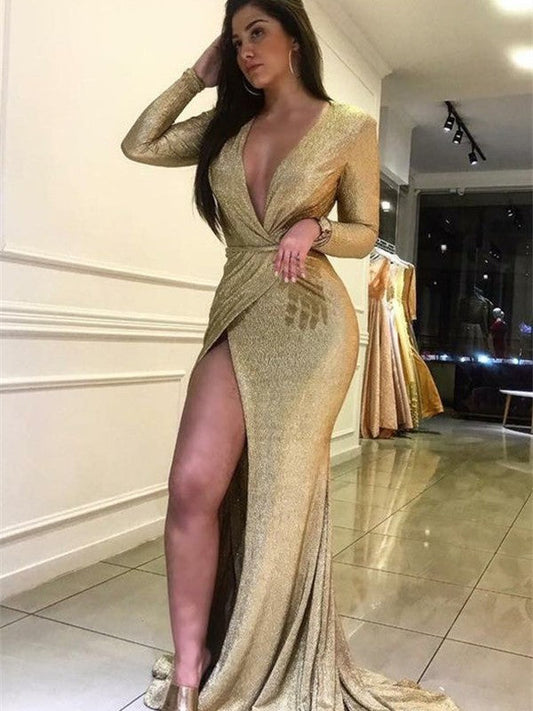 Sheath/Column Ruffles V-neck Long Sleeves Sweep/Brush Train Prom Dress