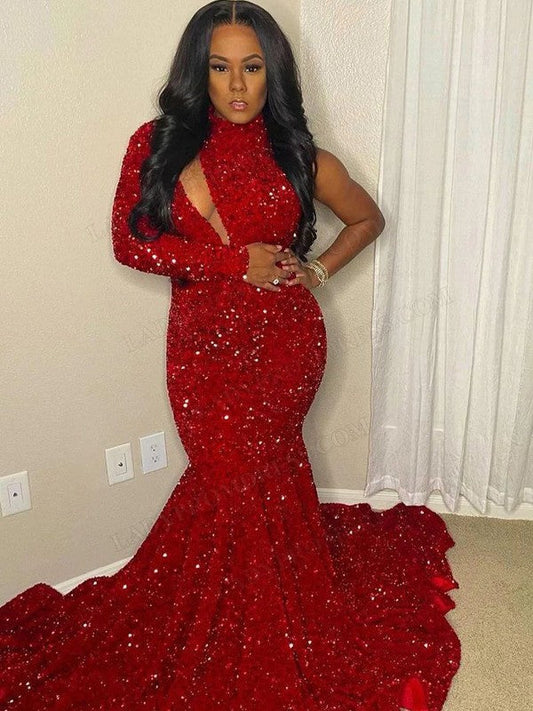 Trumpet/Mermaid Sequin High Neck Long Sleeves Sweep/Brush Train Prom Dress