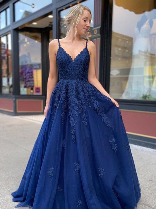 A-Line/Princess Tulle Applique V-neck Sleeveless Sweep/Brush Train Prom Dress