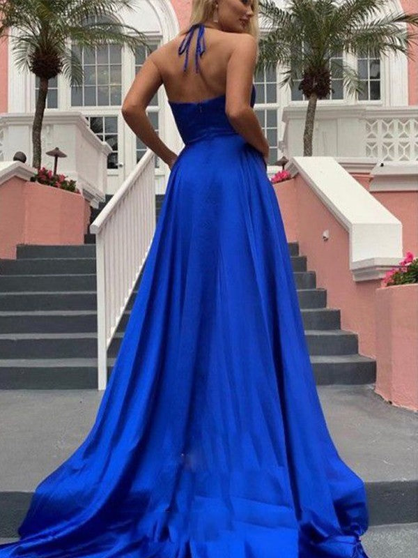 A-Line/Princess Elastic Woven Satin Ruffles V-neck Sleeveless Sweep/Brush Train Prom Dress