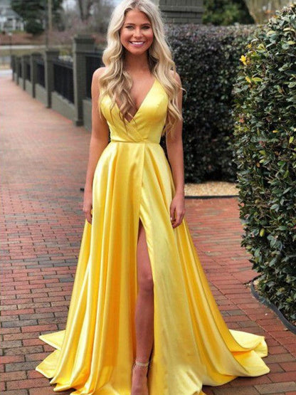 A-Line/Princess Elastic Woven Satin Ruffles V-neck Sleeveless Sweep/Brush Train Prom Dress
